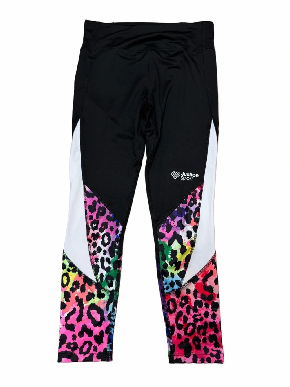 Justice Sport Girls XL 16/18 Black Rainbow Leopard Colorblock Athletic Leggings